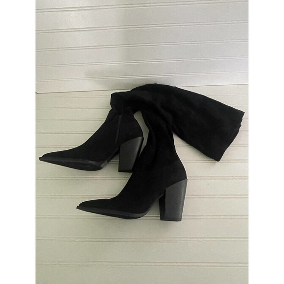 Lulus Faux Suede Knee High Pull On Boots Pointy Toe Mod Block Heel Size 8 - Picture 4 of 8